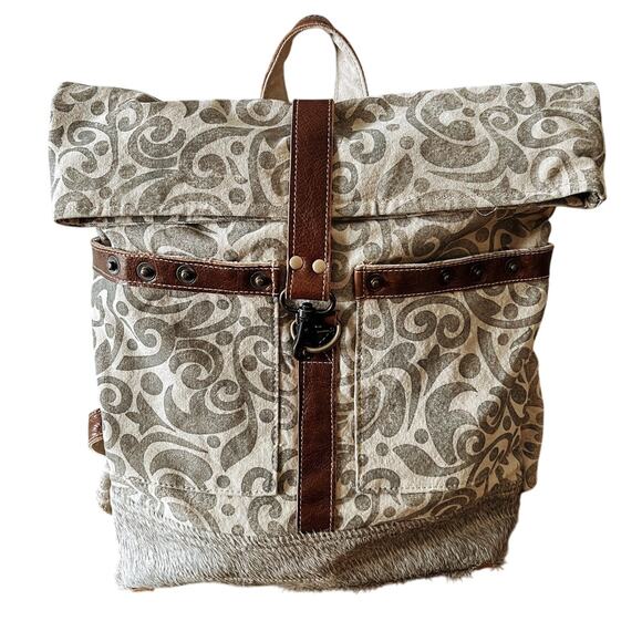 Myra Bag Backpack Upcycled Canvas Leather Hair on Hide Large Excellent Condition - Picture 1 of 11